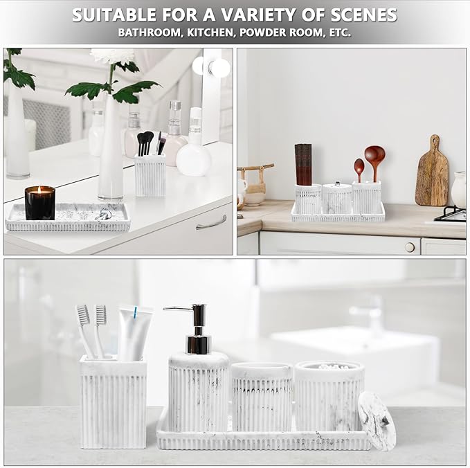 Resin White Marble Bathroom Accessories Set 5 Pcs, Lotion Soap Dispenser - Image 6