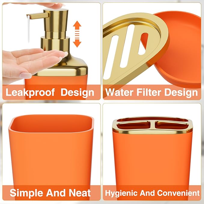 Bathroom Accessories 8 Piece Orange and Gold Bathroom Set, Bath Accessories - Image 4