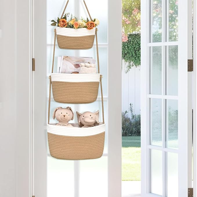 Hanging Storage Baskets, Over the Door Basket, Cotton Wall Baskets Storage - Image 3