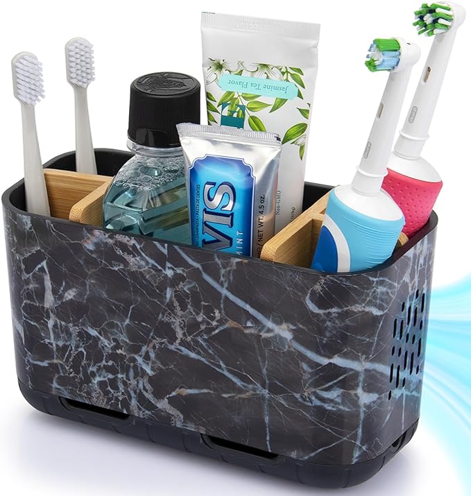 Marble Toothbrush Holders, 5 Slots Bamboo Toothbrush and Toothpaste Holder by GFWARE