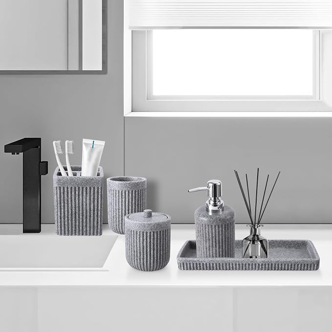 Resin Grey Bathroom Accessories Set 5 Pcs, Lotion Soap Dispenser, Toothbrush - Image 9
