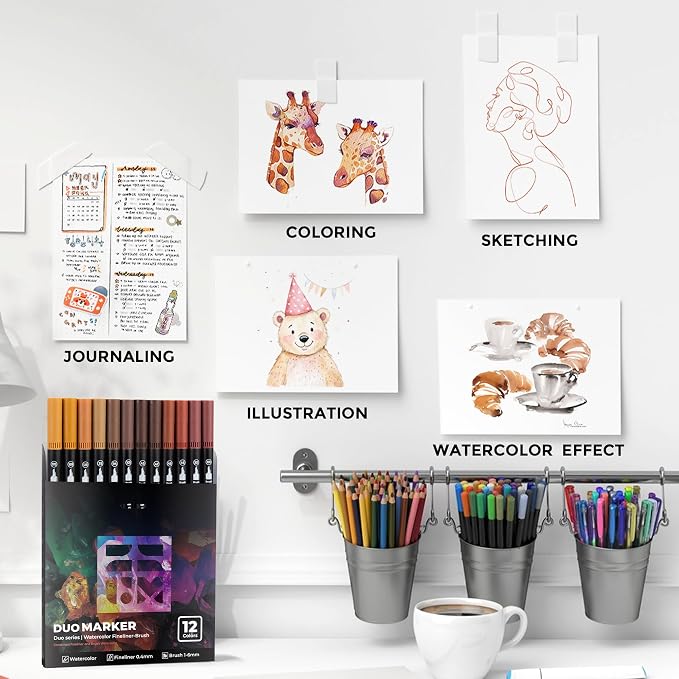 Brown Duo Tip Marker Pens, 12 Pack Fine & Brush Markers - Image 6