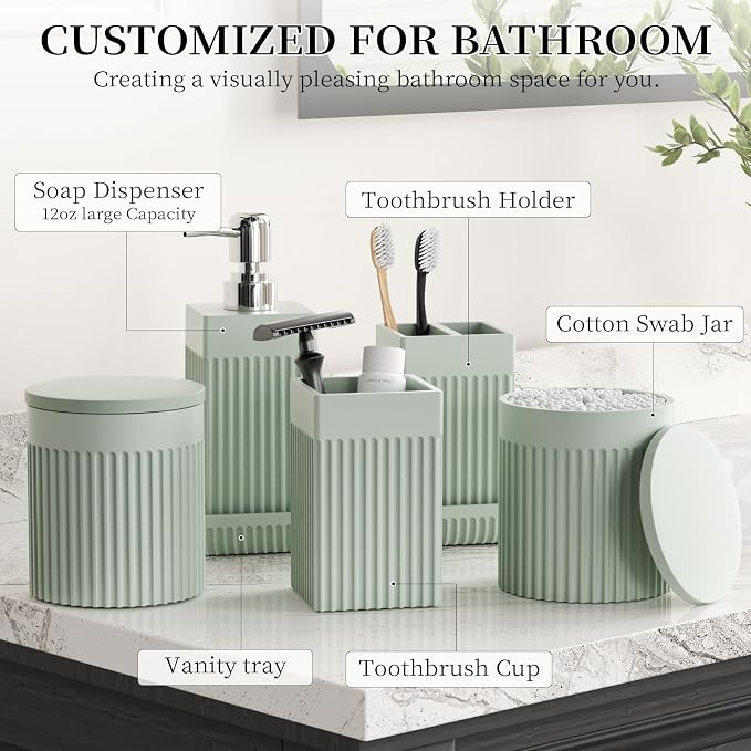 Bathroom Accessories Set, 6-Piece Resin Green Bathroom Set - Image 2