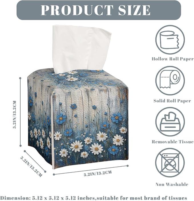 White Flowers Daisy Tissue Box Cover Rustic Floral Wooden Country Leather - Image 3