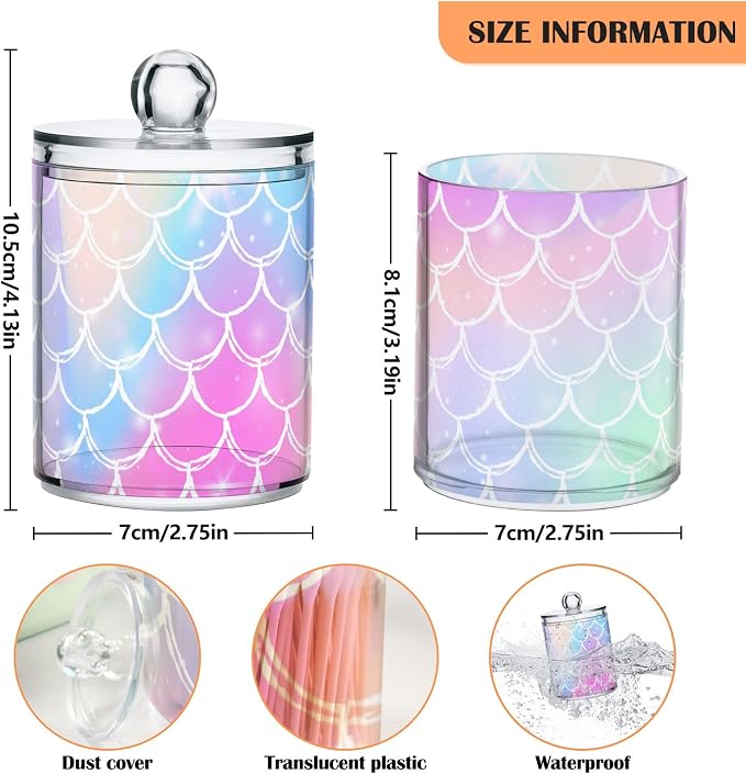 2 Pack Qtip Holder Dispenser for Cotton Ball Rainbow Scales Mermaid Cotton Swab - Image 4