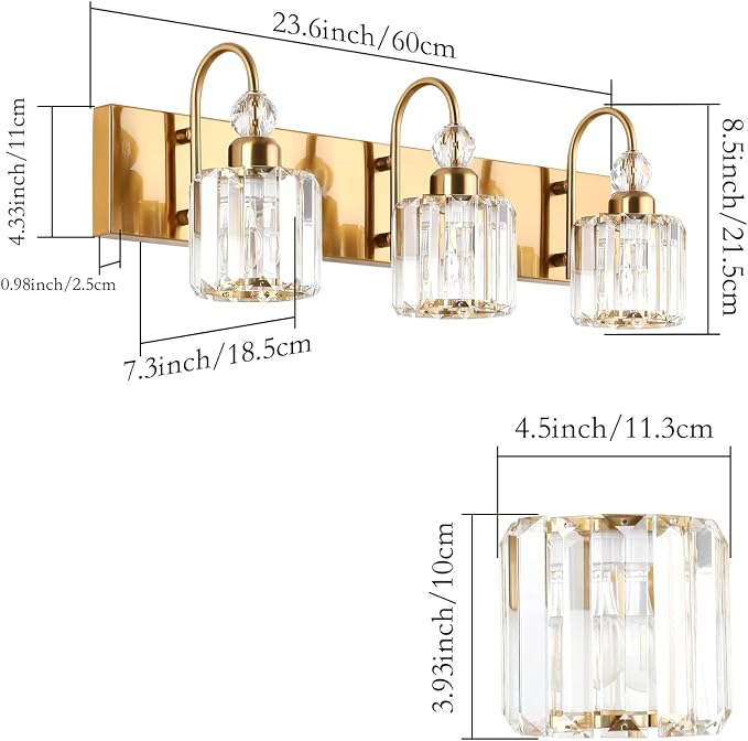 Ralbay Brass Gold Bathroom Vanity Lights 3-Lights Brass Gold Crystal Vanity - Image 5