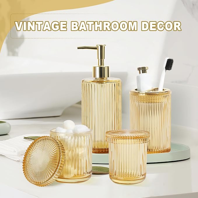 Gold Bathroom Accessories 4 Pcs, Qtip Holder Set, Glass Bathroom Soap Dispenser - Image 7