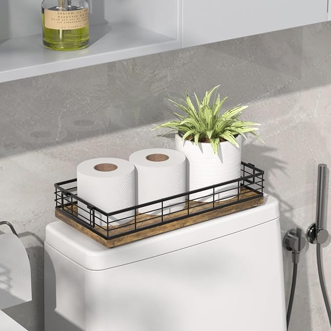 Toilet Paper Basket, 13 Inch Farmhouse Bathroom Basket MDF and Iron Tray Top of - Image 2