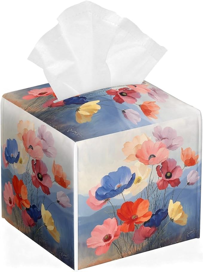 Floral Tissue Box Cover Leather Tissue Box Holder Square Facial Paper Organizer by Unknown