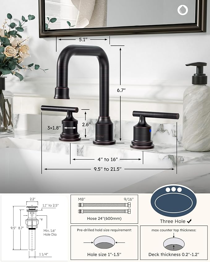WOWOW Oil Rubbed Bronze Bathroom Faucet Widespread Bathroom Sink Faucet 3 Holes - Image 6