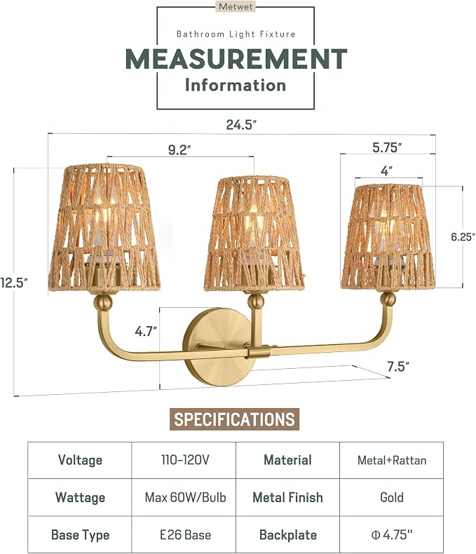 3-Light Bathroom Light Fixtures, Brushed Gold Rattan Vanity Lights - Image 2