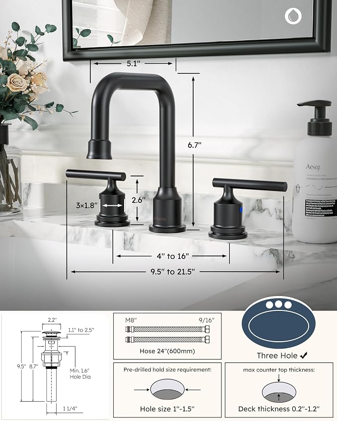 3 Hole Bathroom Faucet Black: WOWOW 8 Inch Bathroom Sink Faucet Widespread - Image 8
