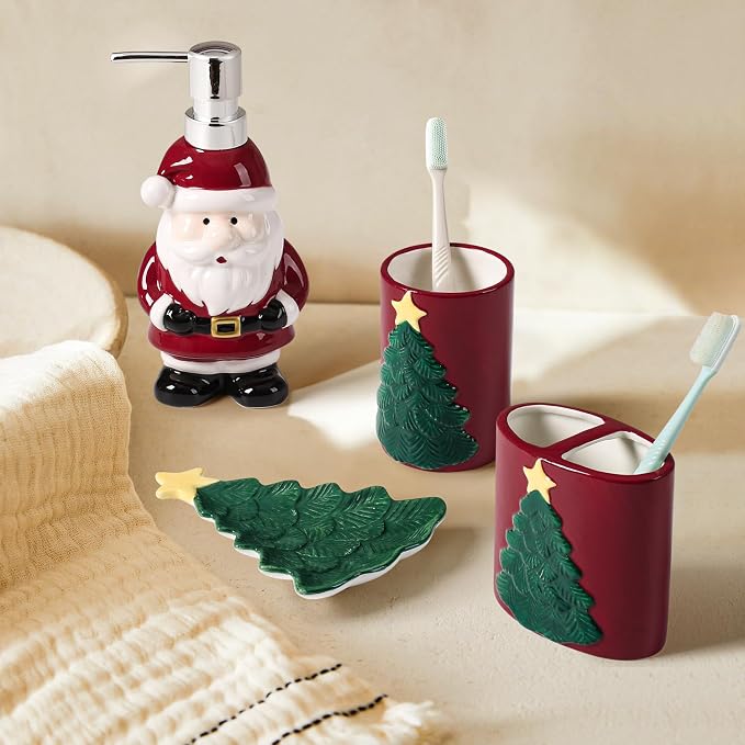 Merry Christmas Bathroom Accessories Set 4 Pieces Toothbrush Holder Soap - Image 6