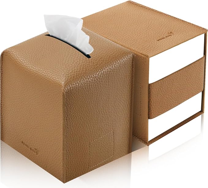 Tissue Box Cover 5X5X5'' PU Leather Tissue Holder Square Tissue Cube Box by PENGLONGHOMEDECORATION
