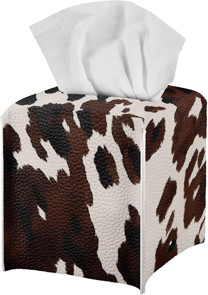 Cowhide Print Tissue Box Cover Modern Square Tissue Box Organizer Decorative PU - Image 3