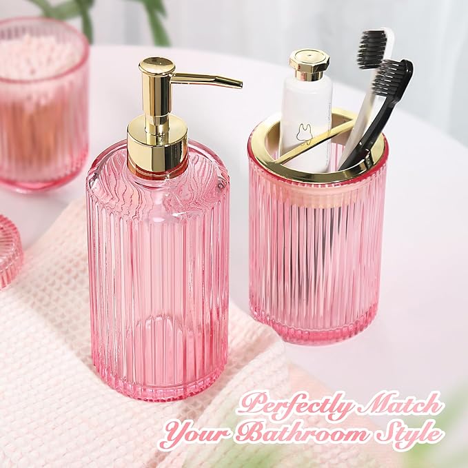 Pink Bathroom Accessories Set, 4 Pack Ribbed Grils Soap Dispenser and - Image 3