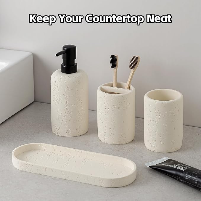Bathroom Accessories Set, 4 Piece Travertine Stone Look Collection, Modern Bath - Image 2
