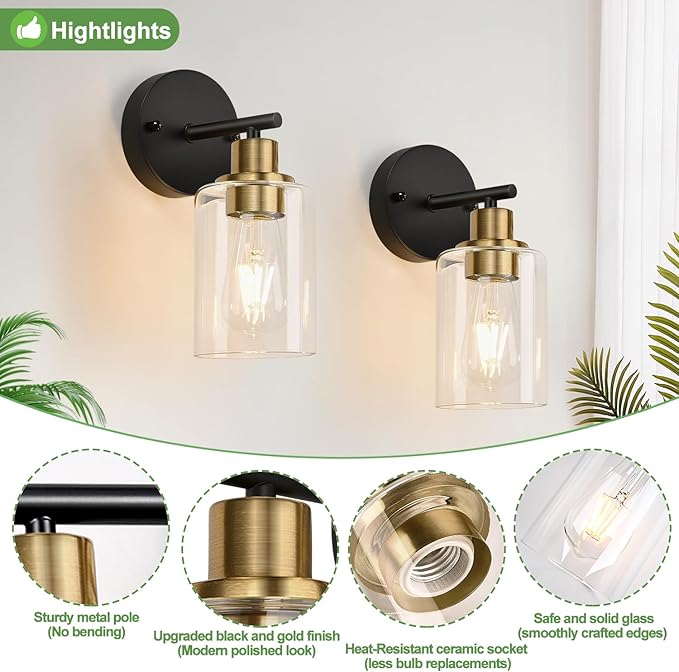 Set of 2 Wall Sconces for Bathroom, Bathroom Wall Lamp for Mirror Kitchen - Image 4
