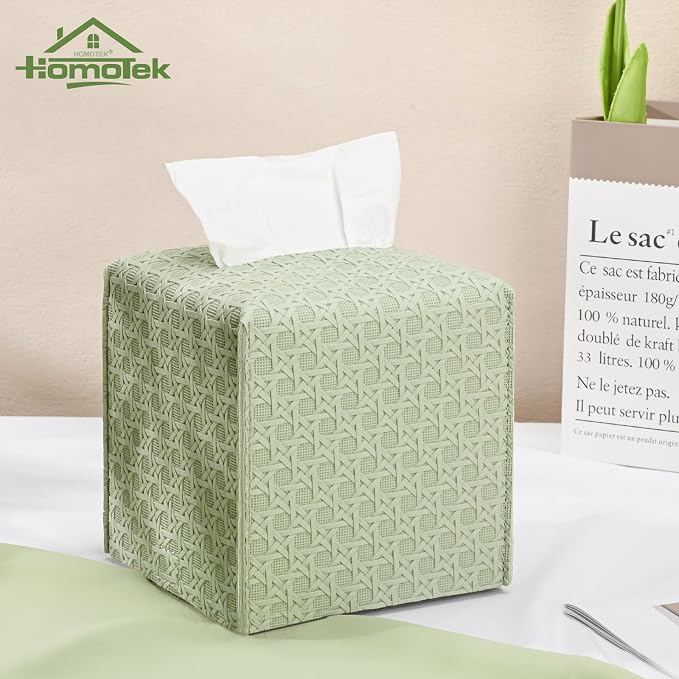 HOMOTEK 2 Pack Tissue Box Cover, Square PU Leather Tissue Holder, Decorative - Image 3