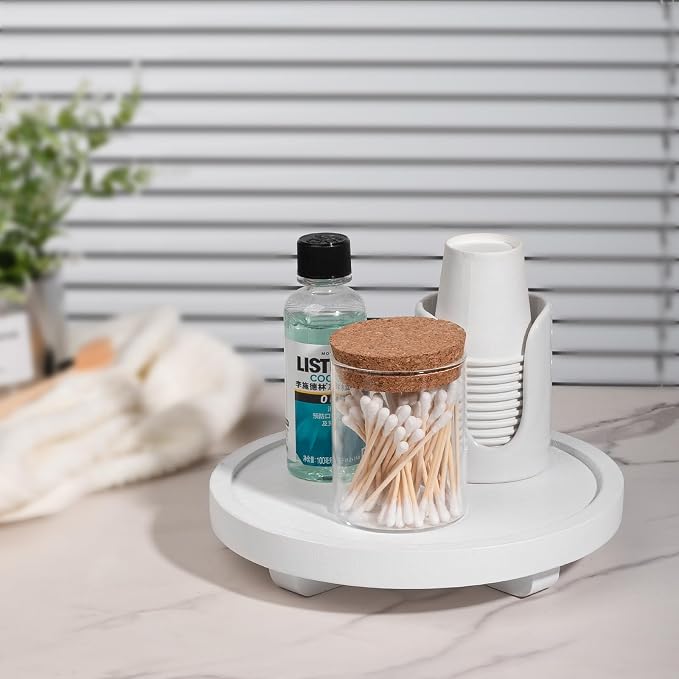 Round Decorative Tray Wood Bathroom Counter Organizer Farmhouse Kitchen Decor - Image 2
