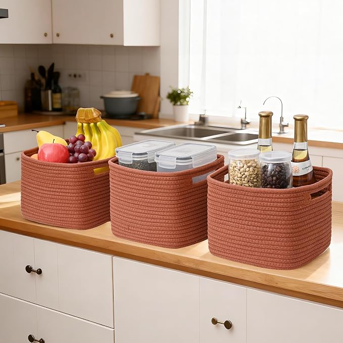3 Pack Cube Storage Bin, 9”x9”x7” Cotton Rope Woven Baskets - Image 6