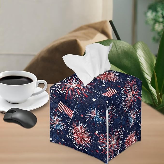 Firework USA Flag Tissue Box Holder Waterproof PU Leather Square Modern Tissue - Image 4