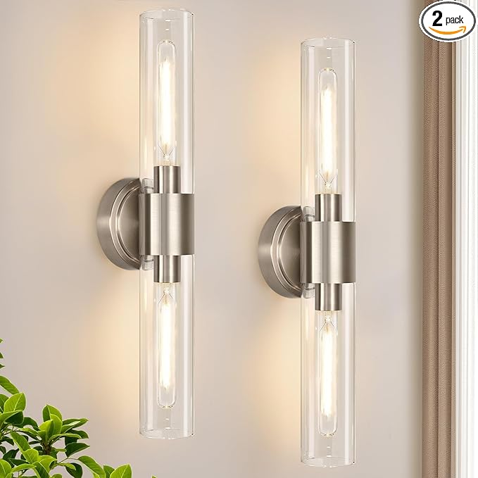 Wall Sconces Set of Two, Brushed Nickel Bathroom Sconces Wall Lighting by Meybiok