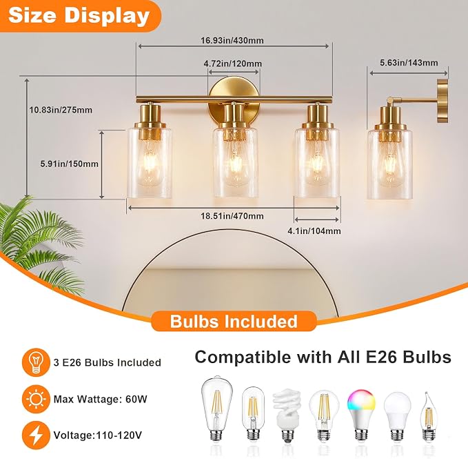 DLLT 3-Light Bathroom Light Fixtures: Gold Modern Vanity Wall Lights - Image 6