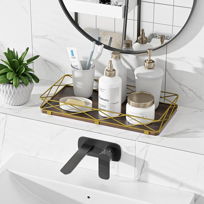 Toilet Paper Basket Holder, Wood and Metal Toilet Tray Vanity Organizer - Image 4
