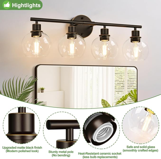 4-Light Bathroom Light Fixtures, Oil Rubbed Bronze Bathroom Lights Over Mirror - Image 3