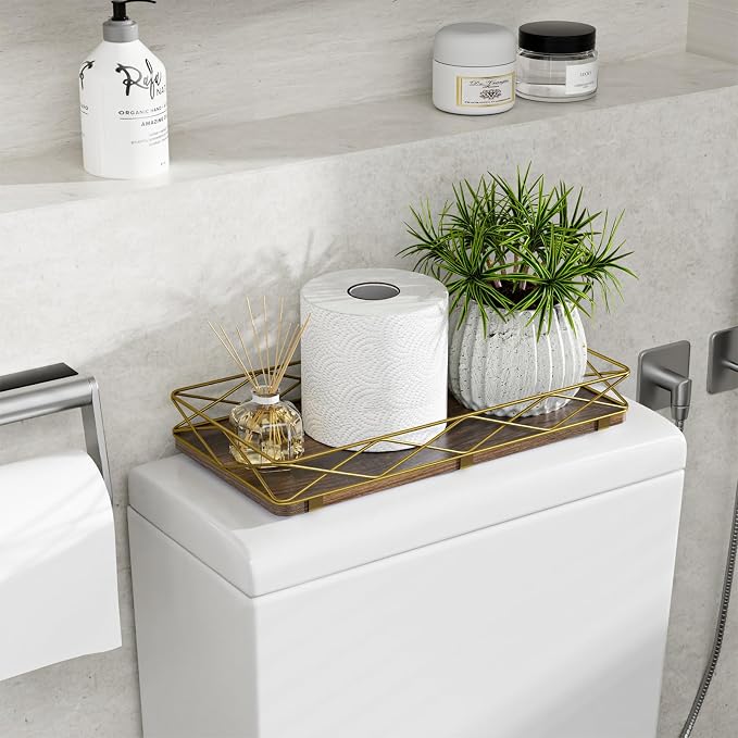 Toilet Paper Basket Holder, Wood and Metal Toilet Tray Vanity Organizer - Image 3