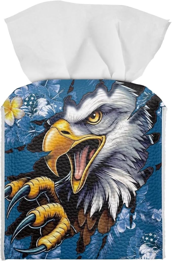 Eagle Blue Flowers Tissue Box Holder, PU Leather Square Napkin Cover by Pzuqiu