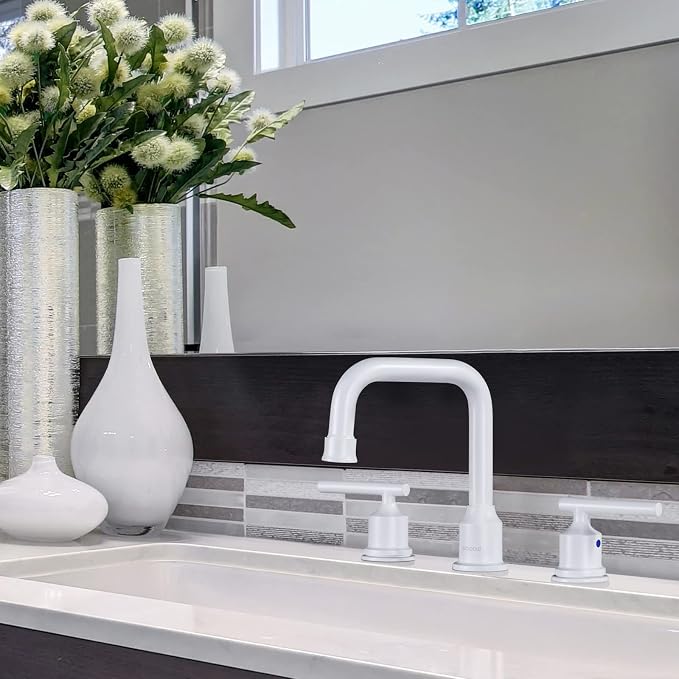 WOWOW 3 Hole Bathroom Faucet White Bathroom Sink Faucet 2 Handle Vanity Tap - Image 3