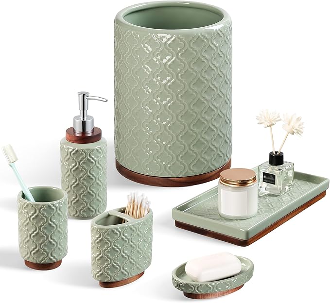 Elegant Bathroom Accessories Set 6 PCS Ceramic and Wood Bathroom Accessory Set by RQYIXI