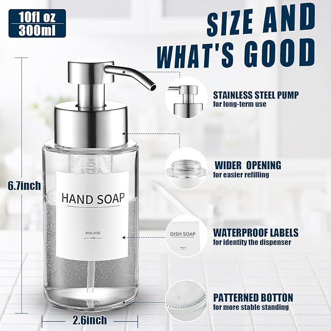 Doiliese Glass Foaming Hand Soap Dispenser, 10 oz Easy Refill Glass Soap - Image 2