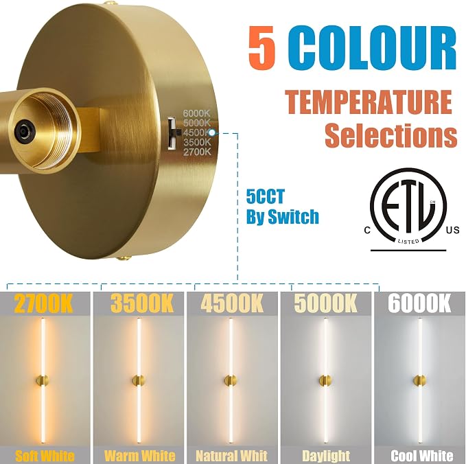 Glod Wall Sconces Set of 2 Hardwired, Dimmable 5CCT LED Bathroom Light Fixtures - Image 4