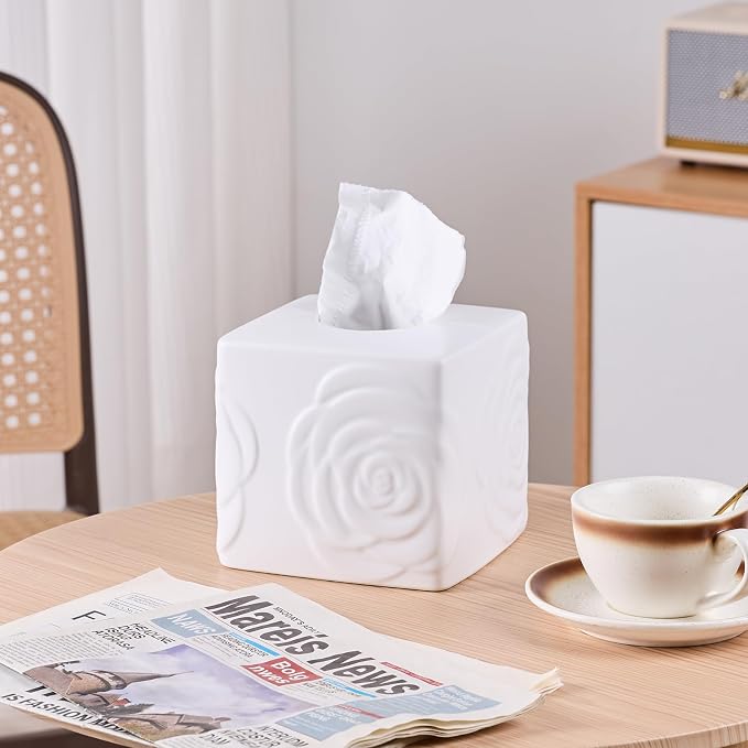 White Ceramic Rose Tissue Box Cover, Carved Flowers Large Square Tissue Box - Image 2