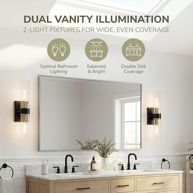 Black and Gold Wall Sconces Set of 2, Hardwired Bathroom Light Fixtures - Image 6