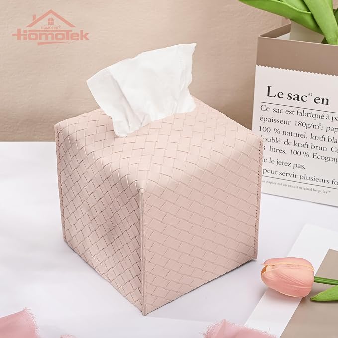 HOMOTEK 2 Pack Tissue Box Cover, Square PU Leather Tissue Holder, Decorative - Image 2