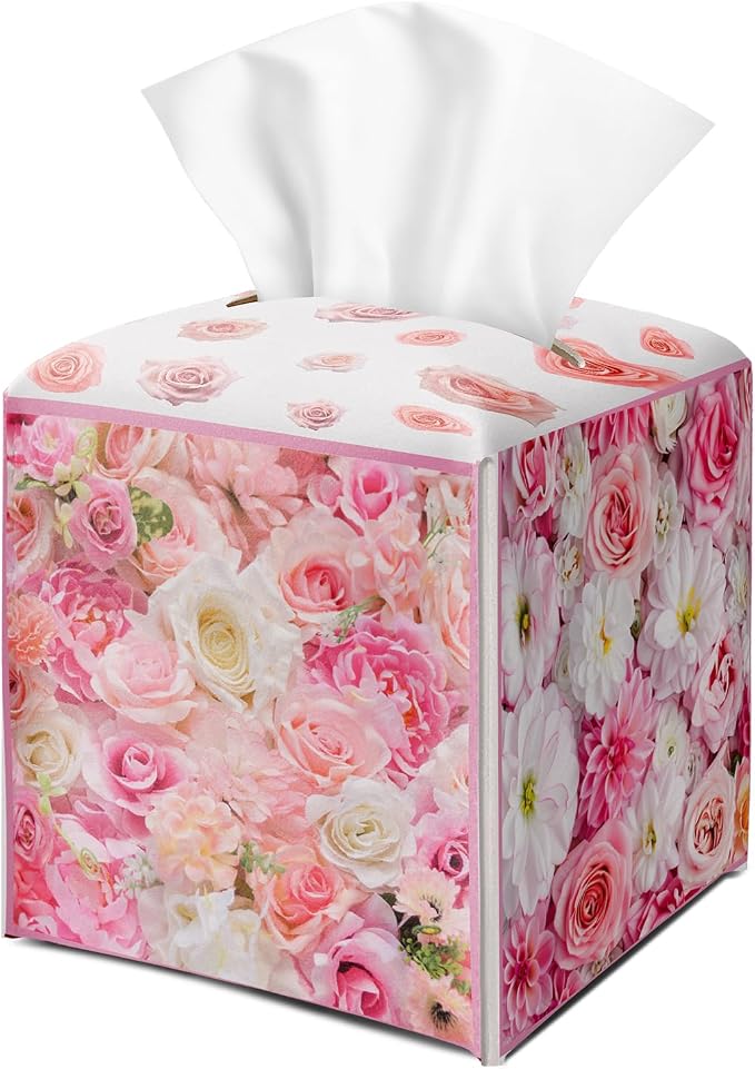 Roses Pink Floral Tissue Box Cover Square by DOIUCRO