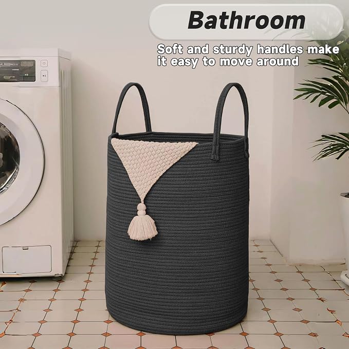 Large Woven Laundry Basket Hamper, 80L Cotton Rope Storage Bin - Image 5