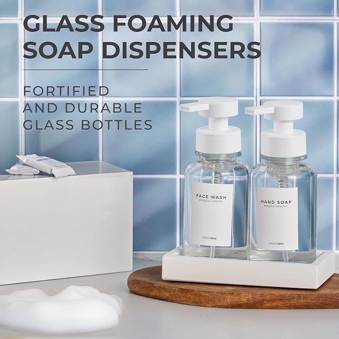MaisoNovo Glass Foaming Soap Dispenser 14 Oz | Clear Glass White Pumps x 2 - Image 2