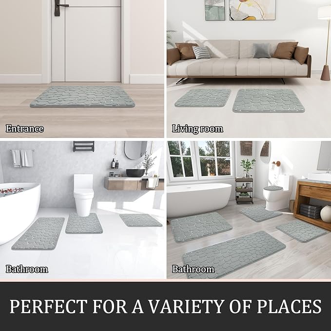 YIHOUSE Bathroom Rugs Mat Set 5 Piece Light Grey, Memory Foam Bath Mats Sets - Image 6