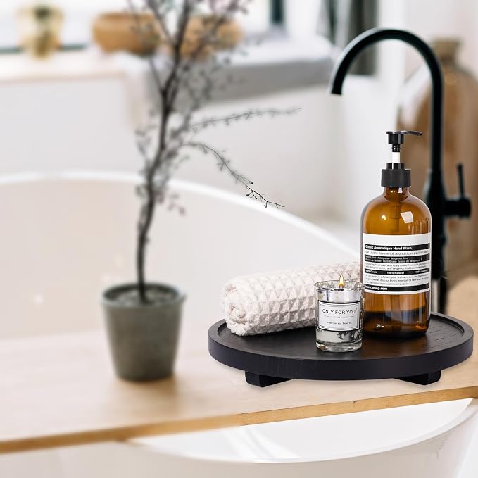 Round Decorative Tray Wood Bathroom Counter Organizer Farmhouse Kitchen Decor - Image 5