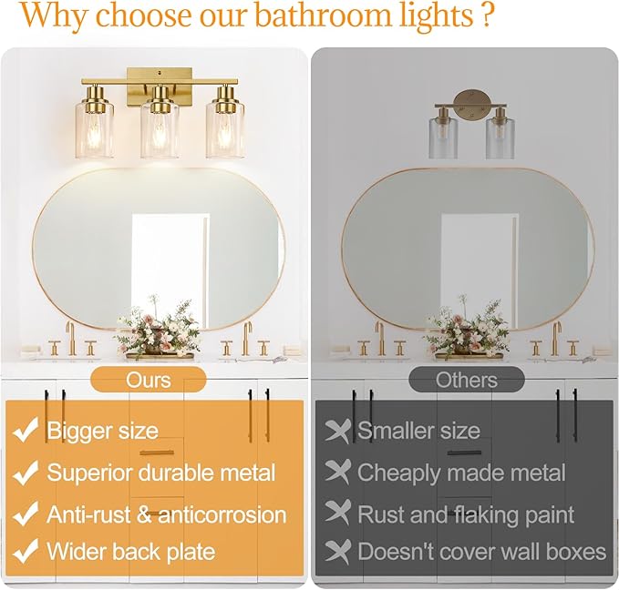 3-Light Vanity Lights with Clear Glass Shades, Brushed Gold Bathroom Light - Image 2