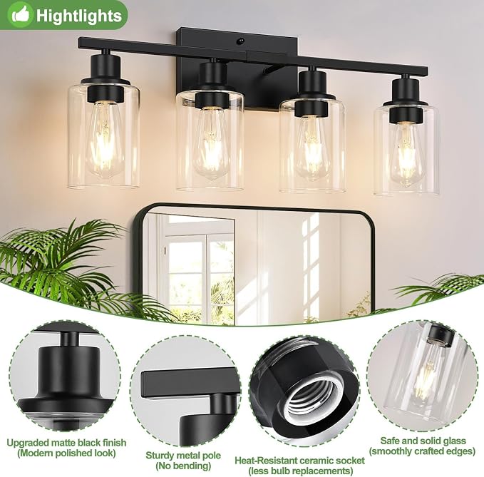 4-Light Bathroom Light Fixtures, Matte Black Modern Vanity Lights - Image 4