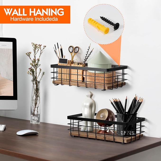 TJ.MOREE 2-Pack Small Metal Wire Basket, Decorative Wood Base Organizer - Image 3