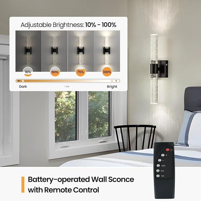 Battery Operated Wireless Wall Sconces Set of Two, Rechargeable Black Wall - Image 4