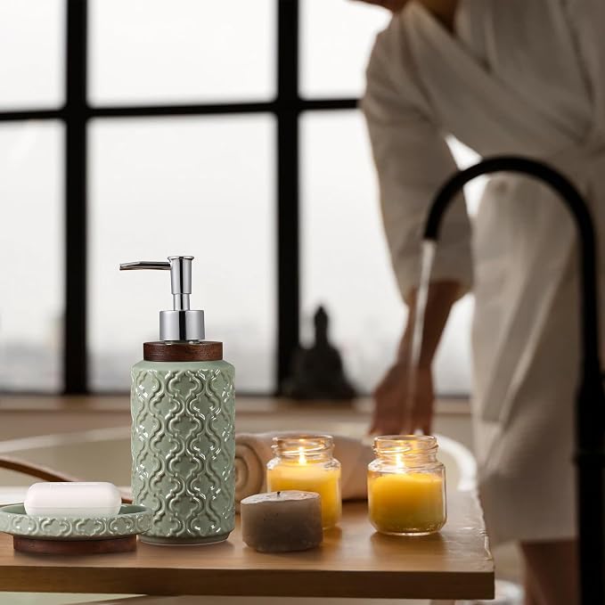 Elegant Bathroom Accessories Set 4 PCS Ceramic and Wood Bathroom Accessory Set - Image 6