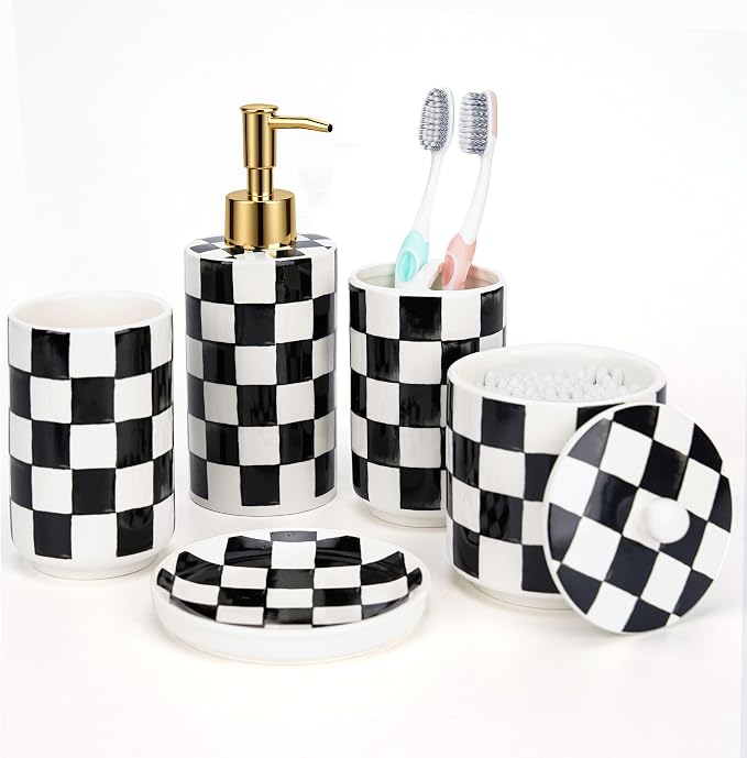 Ceramic Bathroom Soap Dispenser Set, Toothbrush Holder, Soap Dish & Storage Jar by Quuavio